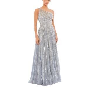 Mac Duggal 5220 Beaded One Shoulder A-Line Gown Platinum Silver Size 12 Dress